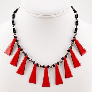 VINTAGE Art Deco era copper and red enamel beaded necklace ~ 1920s 1930s jewelry